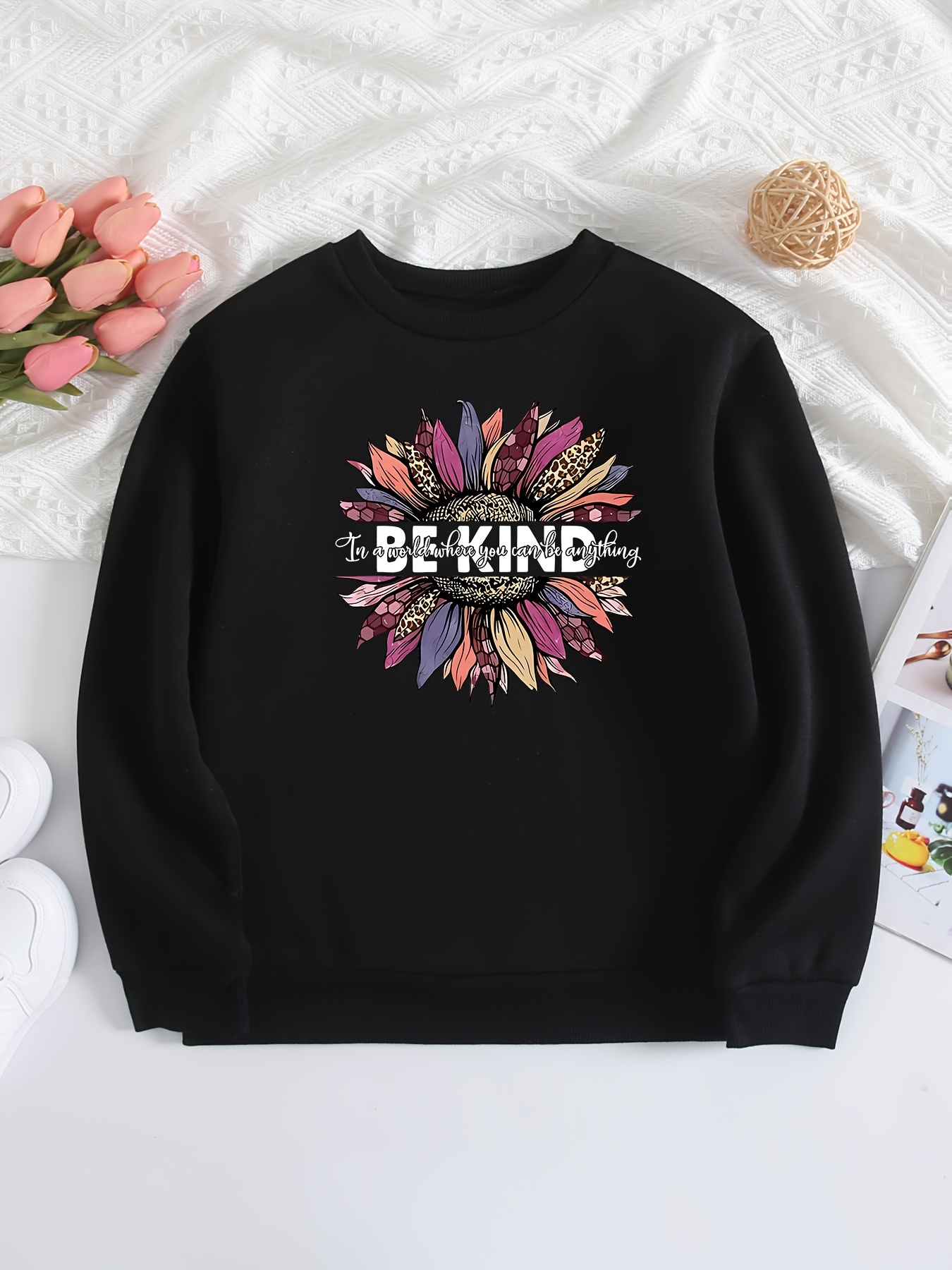 be Kind'' Big Flower Print, Girls Long Sleeve Sweatshirt Pullover