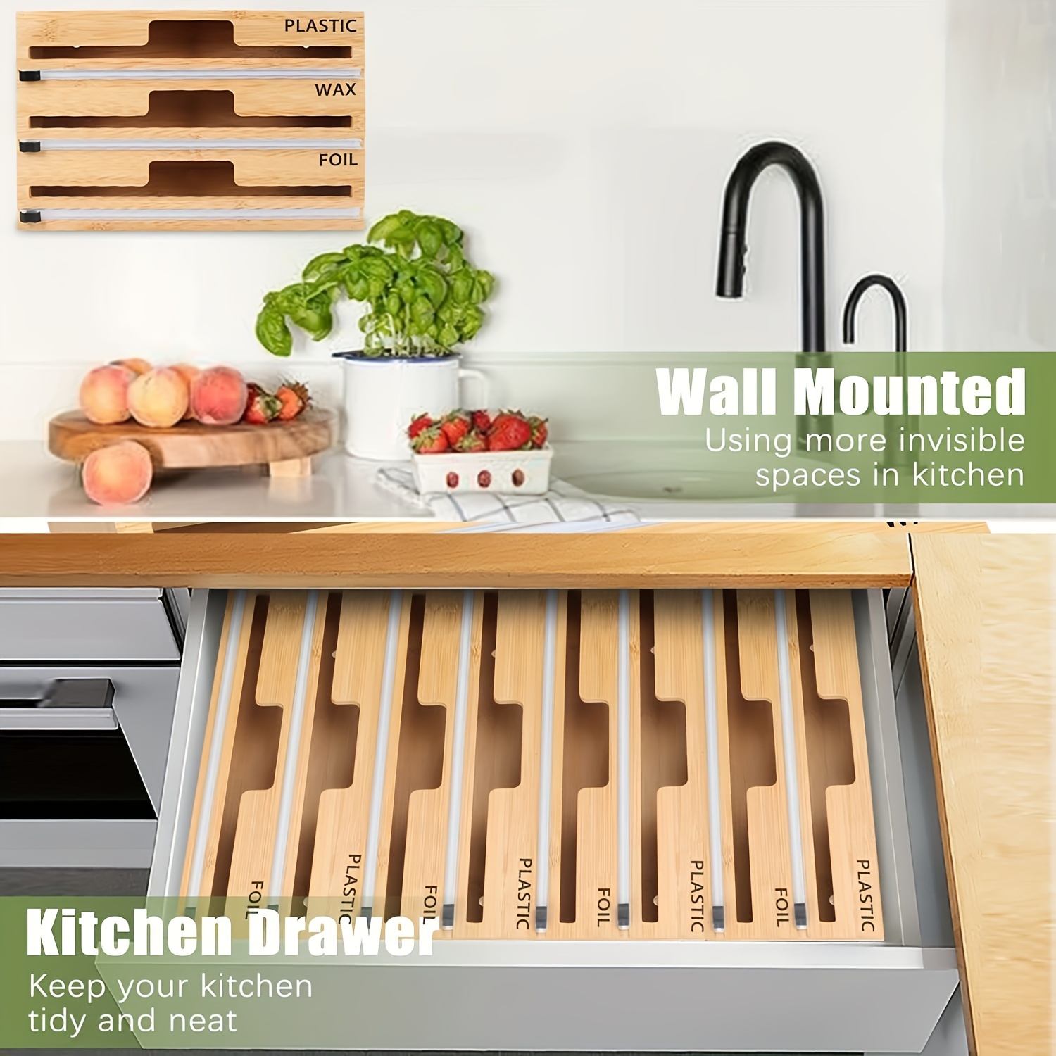 3-in-1 Bamboo Plastic Wrap Dispenser with Cutter, Foil & Plastic Wrap Organizer