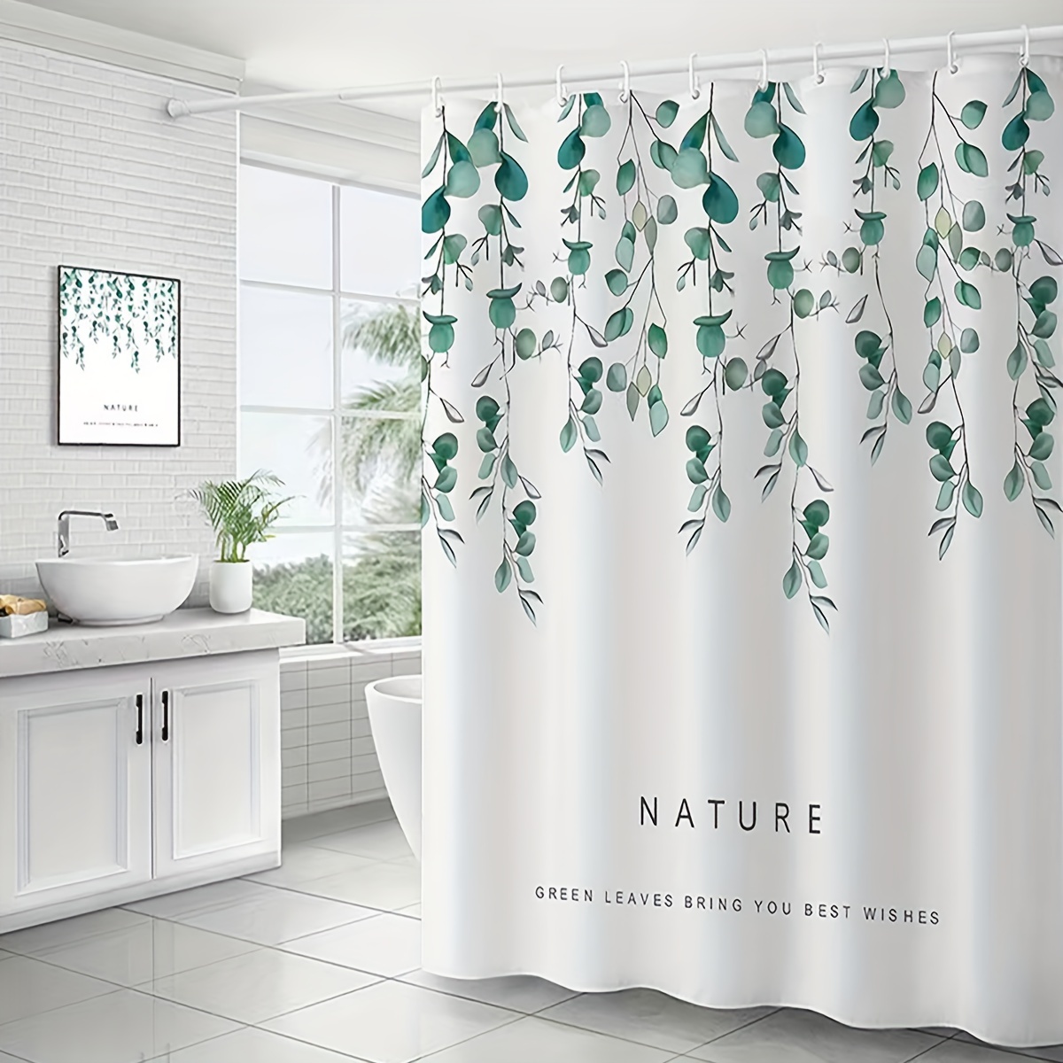 No Hook Leaf Print Shower Curtain Shower Curtain Snap in - Temu