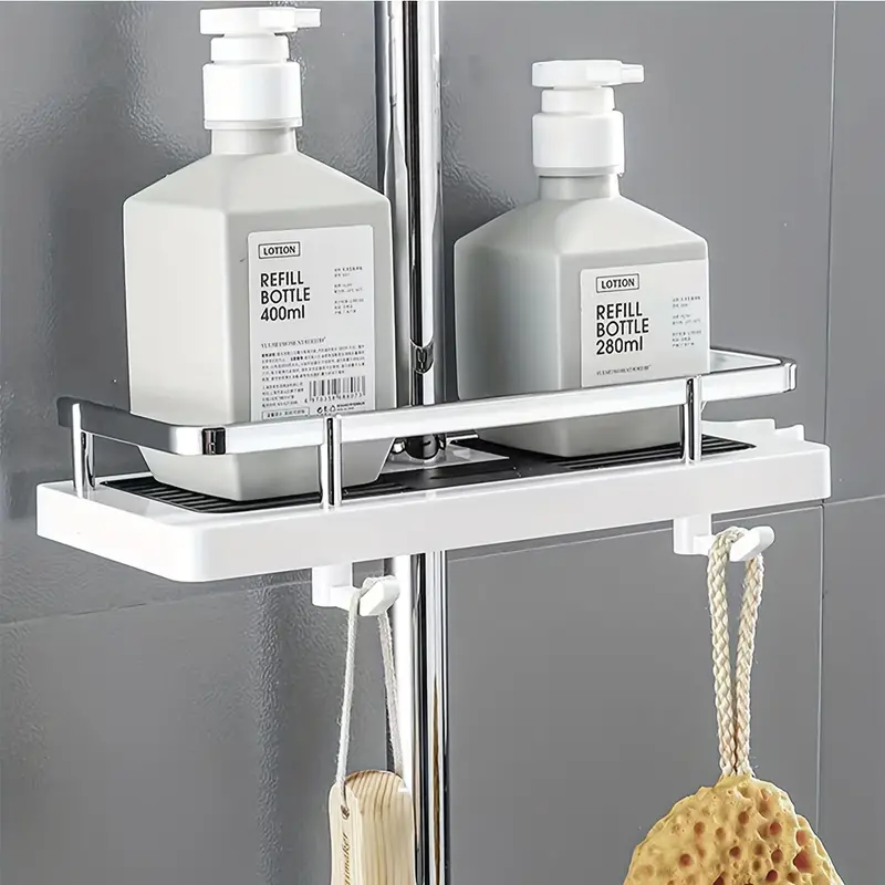 Shower Shelf With 2 Hooks - No Drill Self Adhesive Large Capacity Plastic  Shower Rack, Shower Supplies Oragnizer, Household Bathroom Simple  Installation Non Punching Storage Drainage Shelves For Shower Slide Bar,  Bathroom