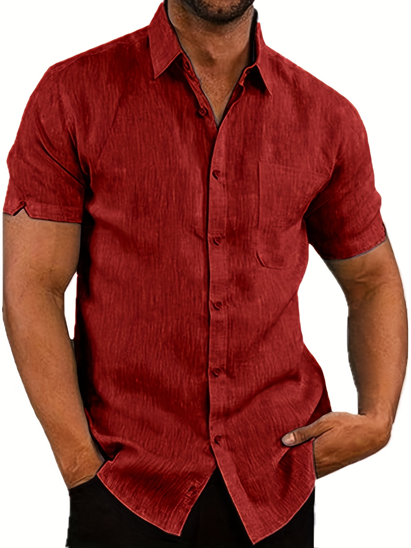 Mens Shirt Adult Male Tie Front Shirts for Men Summer New Casual Men's  Short Sleeved Shirt Solid Color Three Button Men's Shoulder  Clothes(Red,3XL) 