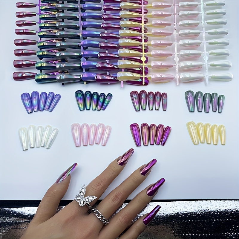 

Coffin Press On Nails Long Length Aurora Fake Nails Glossy Full Cover Acrylic False Nails Ballet Chrome Artificial Nails Glue On Nails For Women And Girls 8set/192pcs