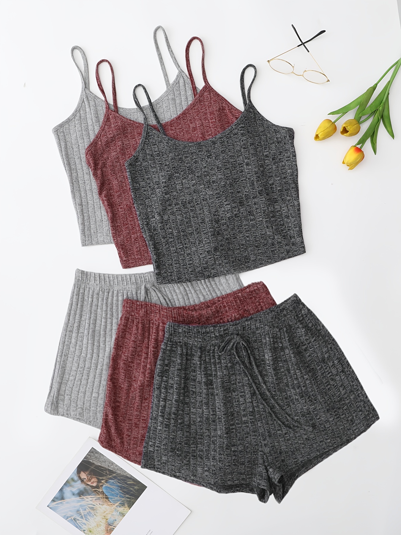 Simple Solid Pajama Set Crew Neck Cami Top Lace Up Shorts - Temu