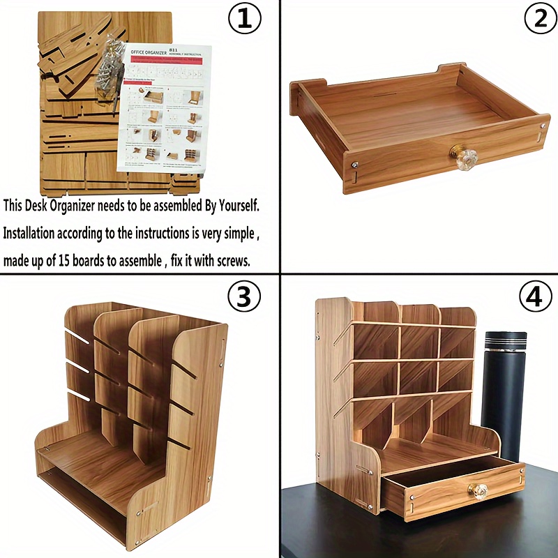 Organizador de escritorio de madera con cajón, soporte multifuncional para  lápices, organizador de escritorio estacionario, fácil montaje, soporte