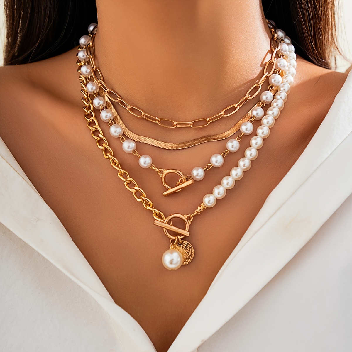 

4pcs/set Retro Simple Flat Snake Copper Chain Faux Pearl Beaded Mixed And Matching Ot Buckle Necklace