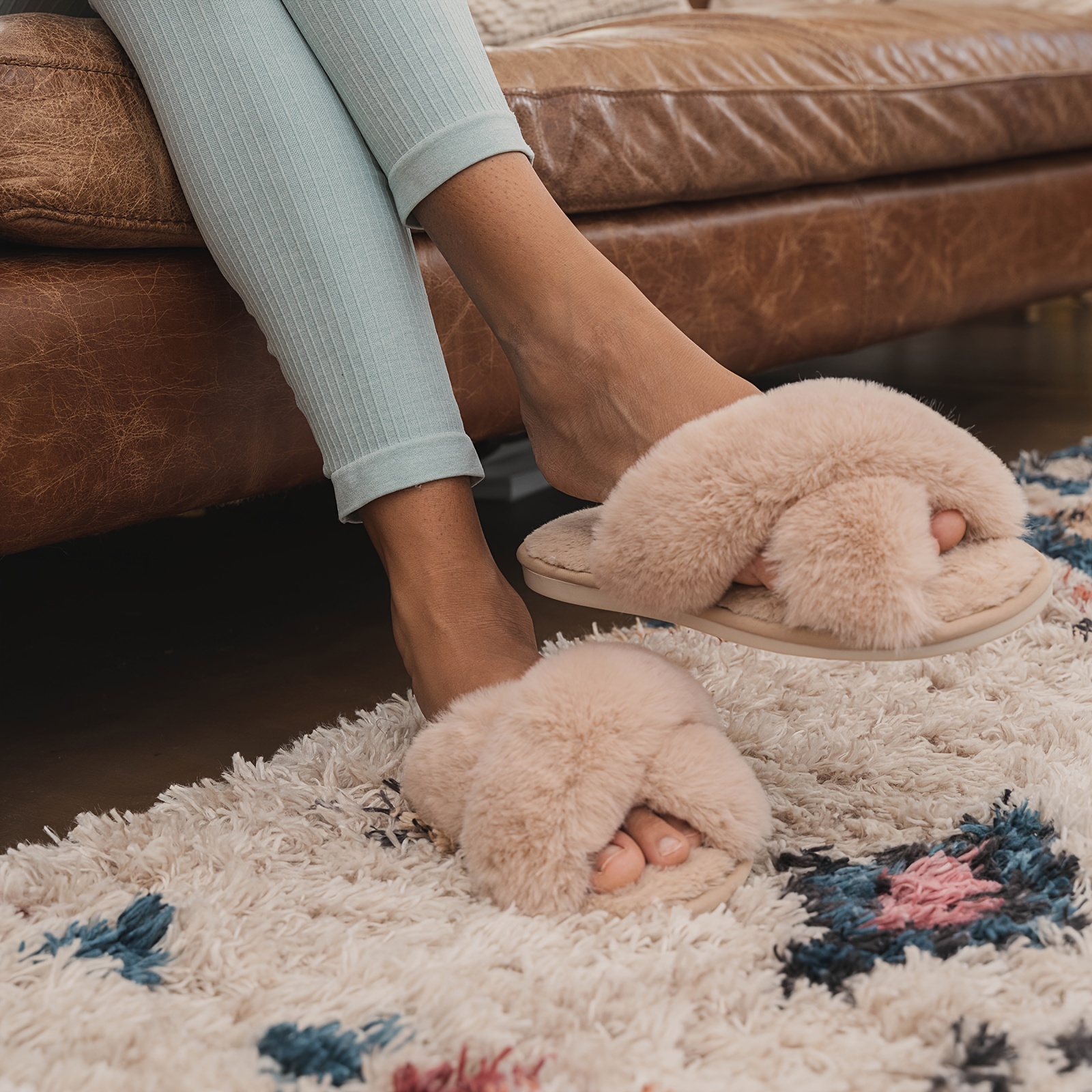 Soft Fuzzy Cross Strap Slippers Open Toe Plush Slides Shoes