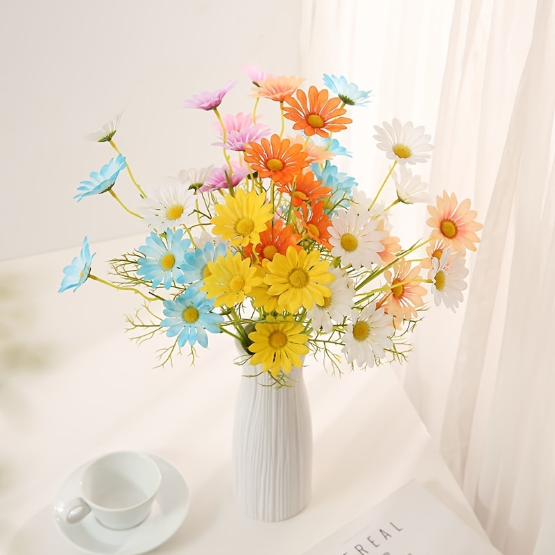 6pcs Artificial Silk Daisy Fake Flowers Faux Daisies Bouquet Arrangements for Home Party Room Office Kitchen Tables Wedding Centerpieces Decoration (