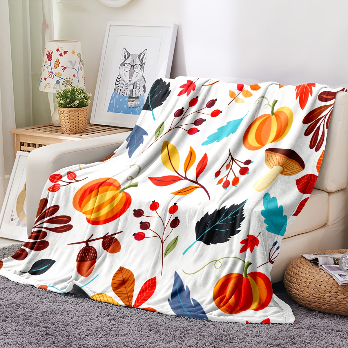 1pc Thanksgiving Halloween Blanket Pumpkin Leaf Mushroom Print Fall Decor Flannel Blanket Soft Warm Throw Blanket Nap Blanket For Couch Sofa Office Bed Camping Travel Multi purpose Gift Blanket For