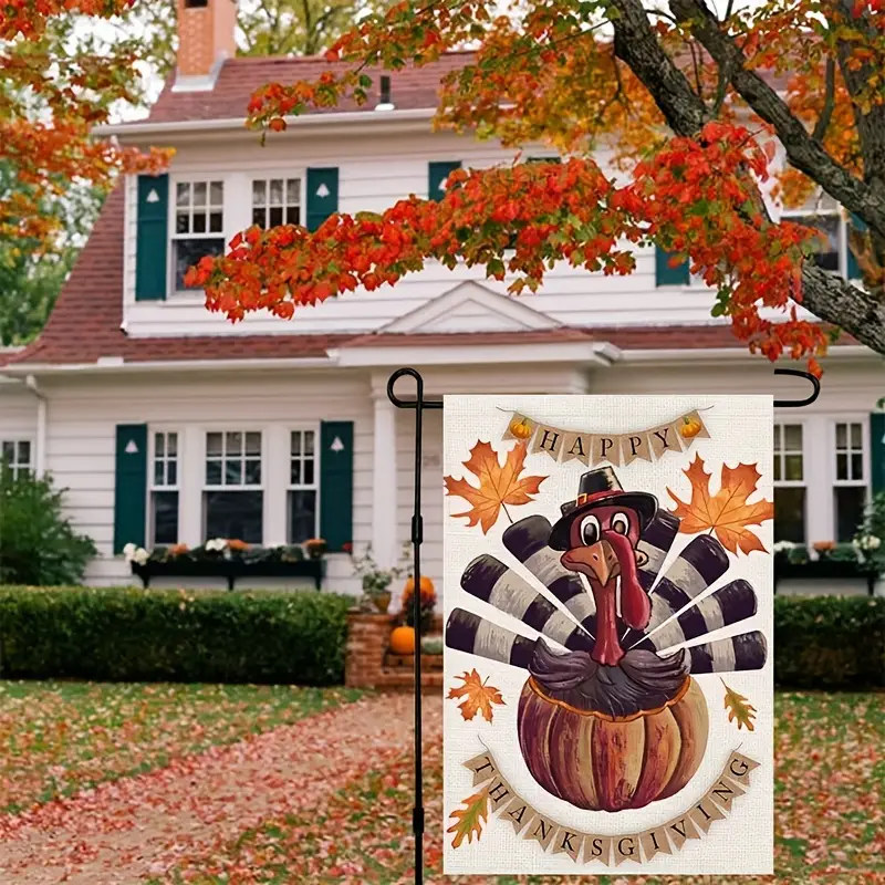 1pc Happy Thanksgiving Turkey Fall Garden Flag 12 X 18 Inch Burlap Vertical Double Sided Maple Leaf Autumn Pumpkin Yard Outside Decor details 2