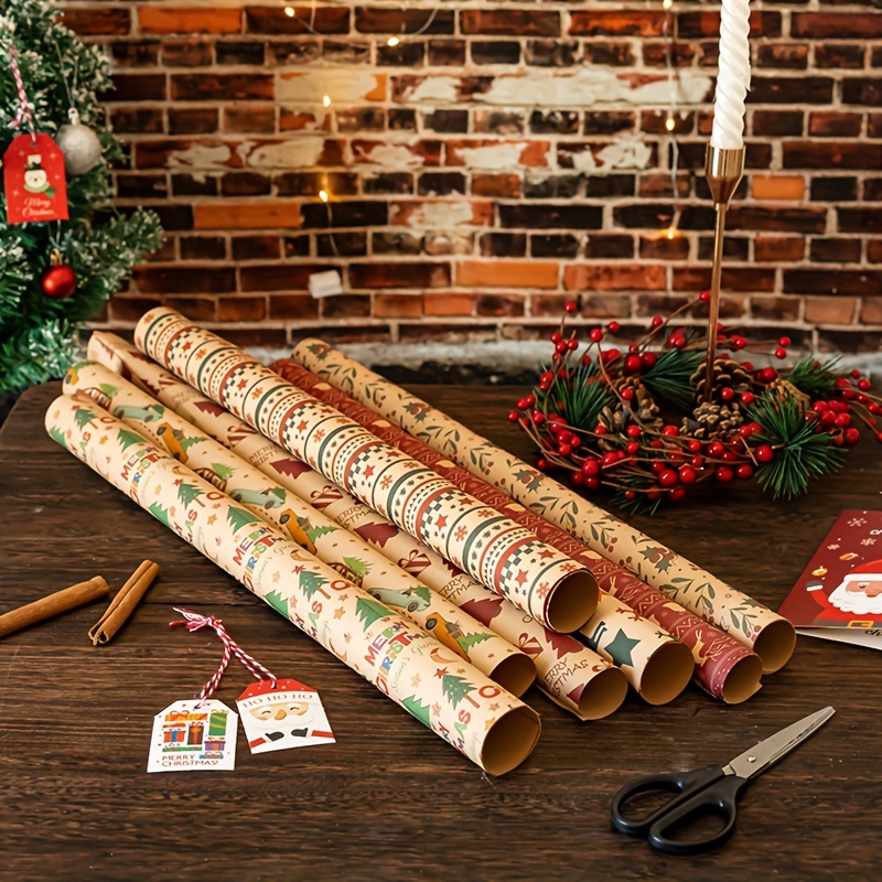 Christmas Background With Gift Boxes And Rolls Of Kraft Wrapping