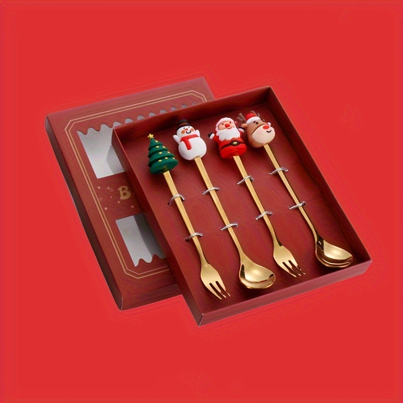 Set De Couverts De Noël 4 Pièces - Couteau Et Fourchette à Thème Festif - Idéal Pour Repas De Fêtes - Design Festif Et Pratique