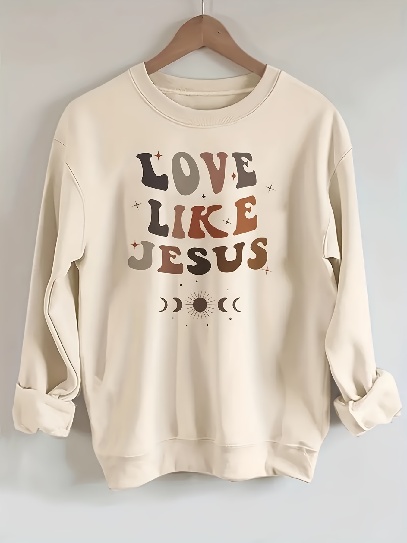love like jesus print sweatshirt casual long sleeve crew neck sweatshirt womens clothing details 0