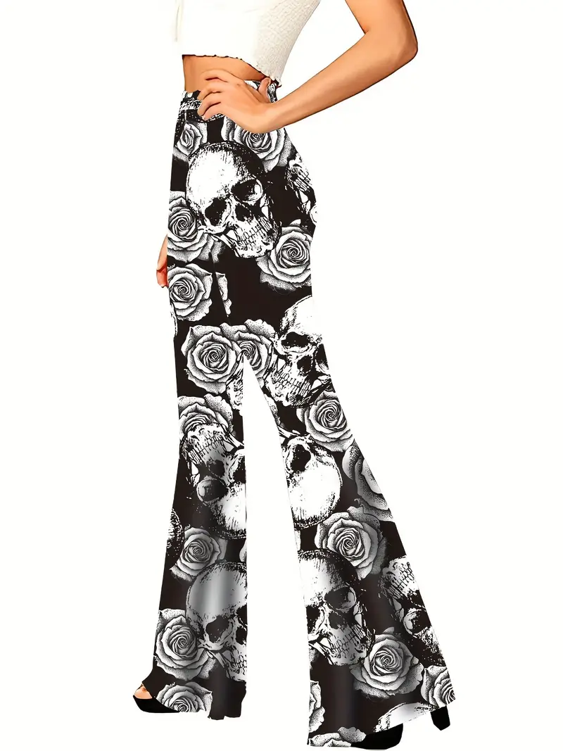 Allover Print Flare Leg Pants, Gothic Forbidden Pants For Spring & Summer,  Women's Clothing