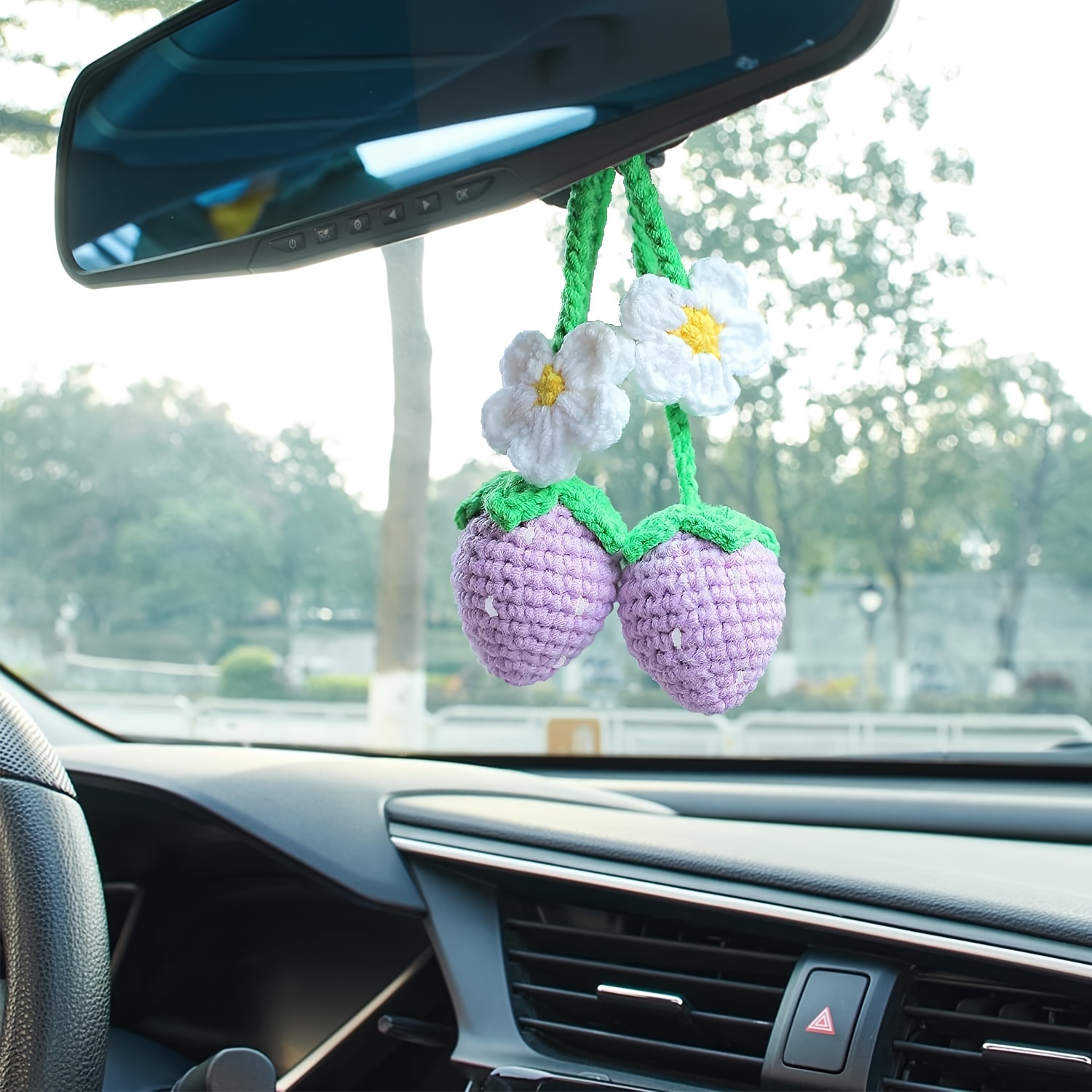 Cute Strawberry Crochet Car Mirror Hanging Accessories Decor - Temu