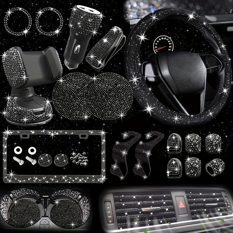 27pcs bling car accessories set for women bling steering wheel covers universal fit 15 inch bling license plate frame phone holder car coasters details 9
