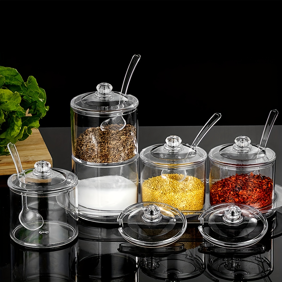 Clear Glass Condiment Round Spice Jars Seasoning Box Wood Lid Cooking Tools  Glass Sugar Milk Powder Spices Storage Case for Home 