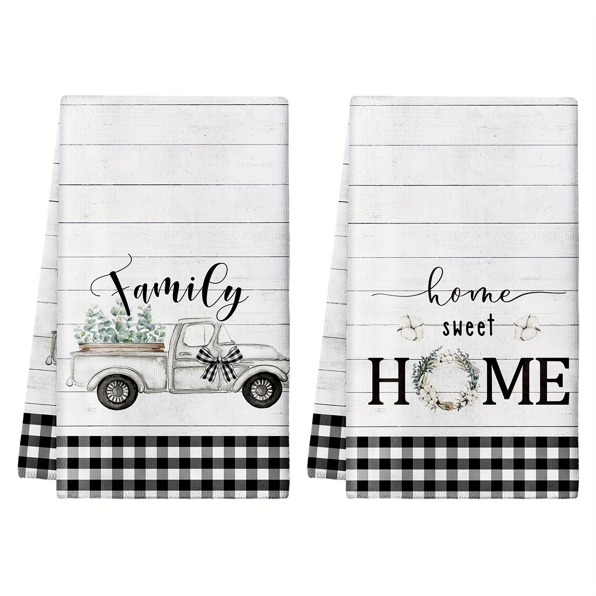 2pcs Rustic Farmhouse Kitchen Towels - Ultra Soft, Absorbent Polyester Dish Cloths With Watercolor Greenery & Truck Design - Cooking, Baking & Cleaning, Decorative Tea Towels, Reusable