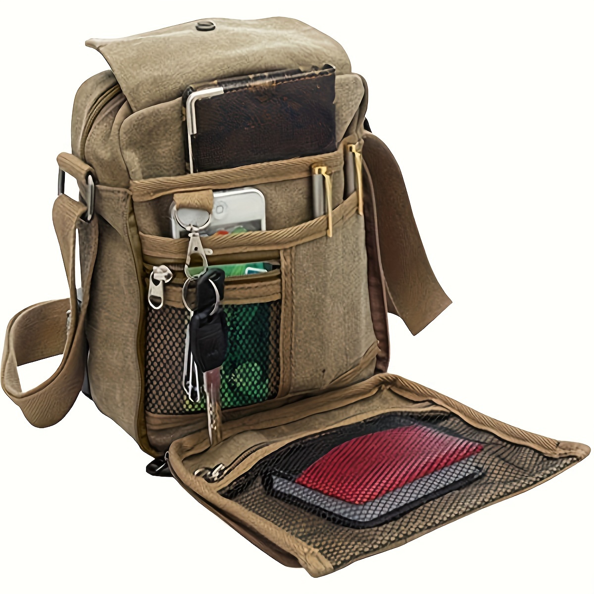 

Practical Multiple Mezzanines Messenger Bag, Solid Color Canvas Crossbody Bag, Perfect Shoulder Bag For Daily Use