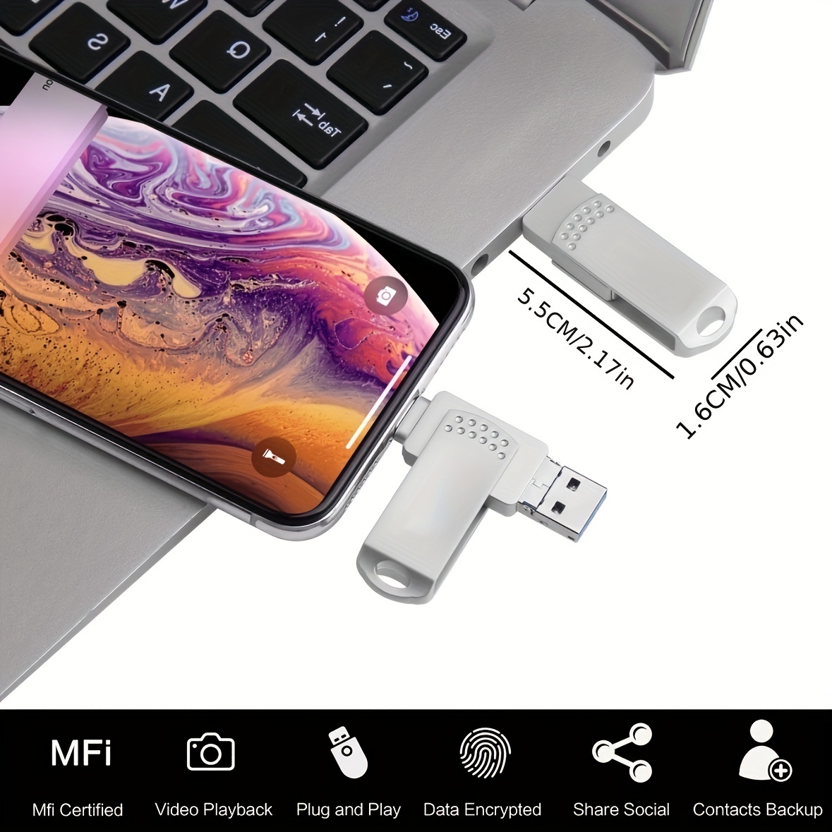 Clé USB 128 Go certifiée MFi iPhone Stockage Mémoire iPhone Clé USB 3 en 1  iPhone