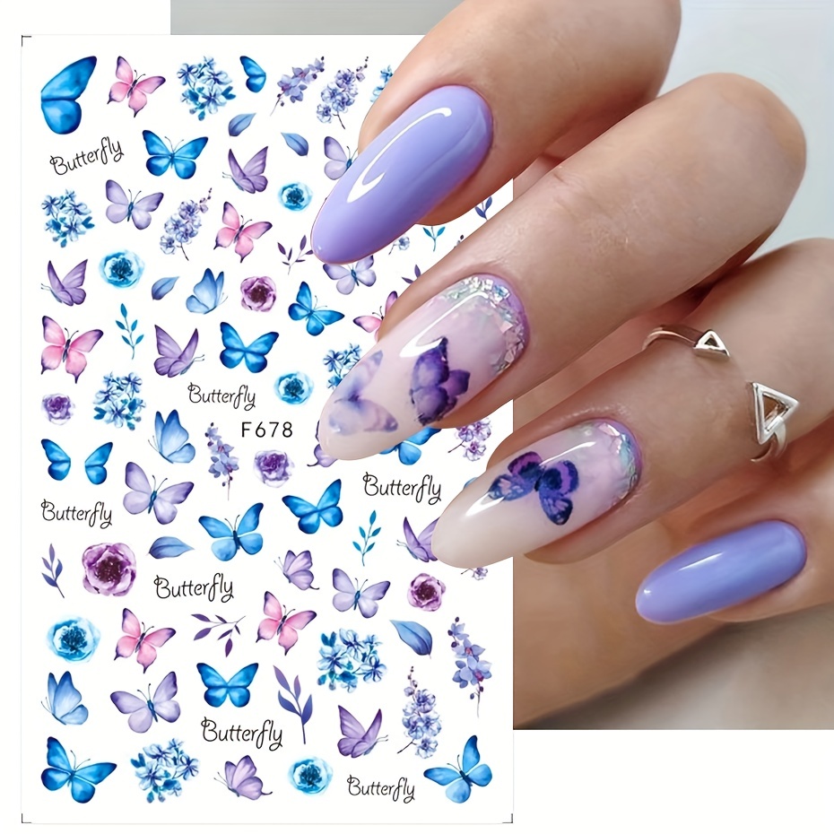 

Blue Butterfly Design Nail Art Stickers, Self Adhesive Flower Design Nail Art Decals, Nail Art Supplies For Women And Girls