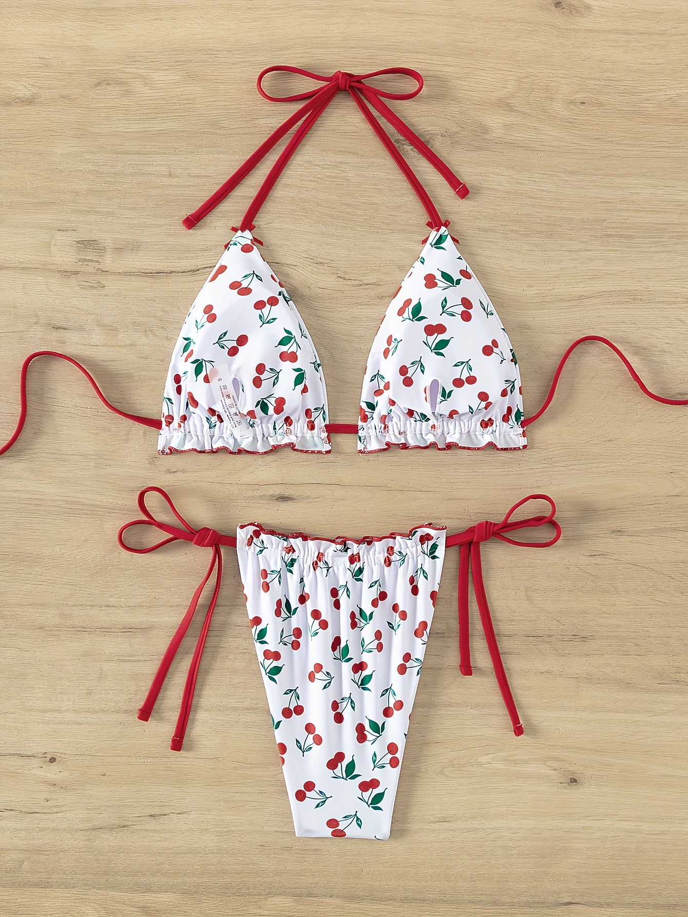 Cute Cherry Print Halter 2 Piece Set Bikini, Tie Side Striangle Tie Back  Stretchy Swimsuits, Women's Swimwear & Clothing