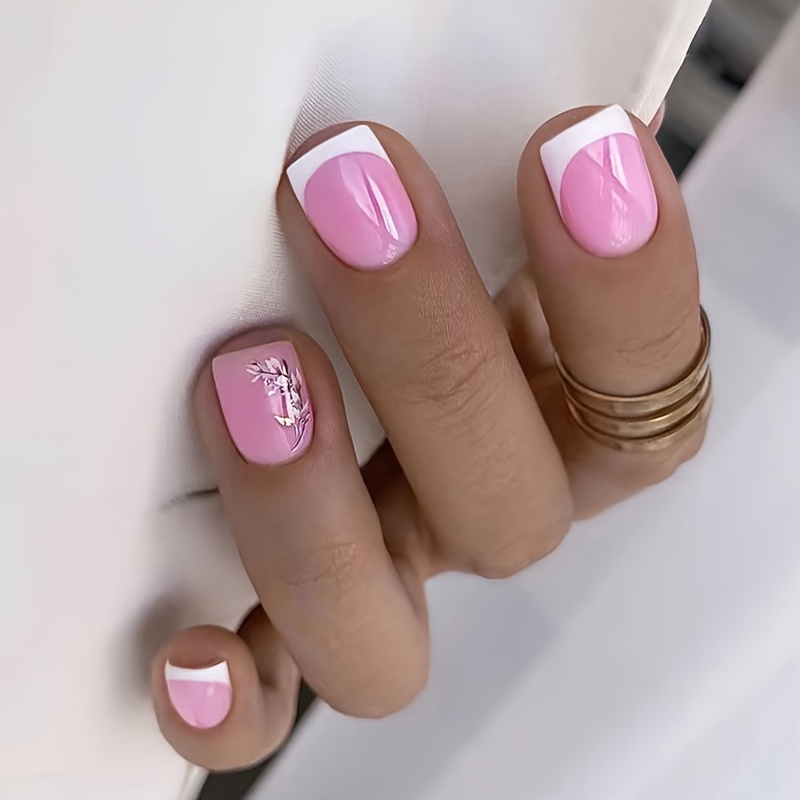 TEMU Uñas Postizas Cortas Blancas de Estilo Francés con Diseño Floral y Lámina Dorada, Puntas de Uñas para Usar