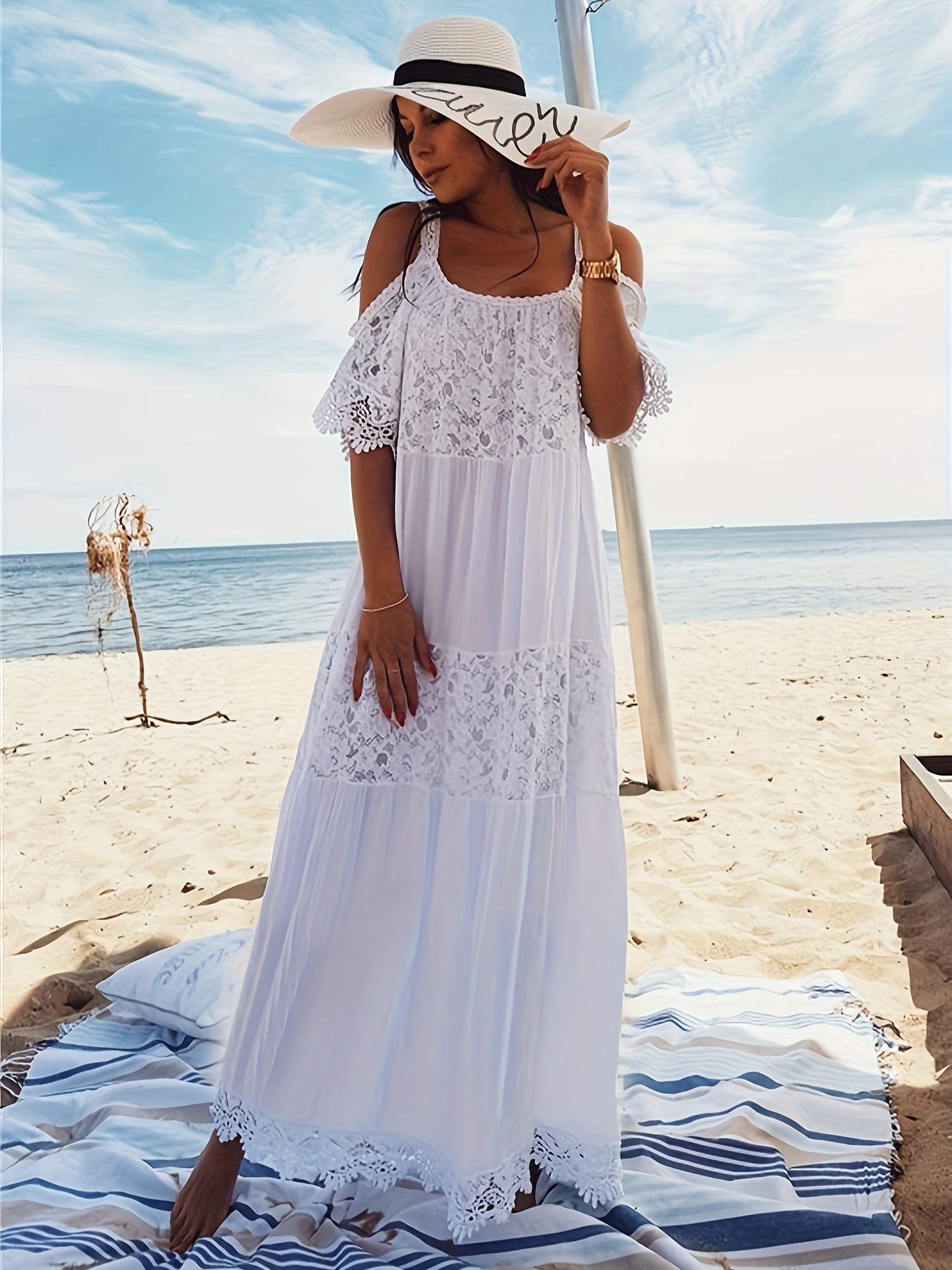 Vestido de verano para mujer Sexy estampado floral recortado cuello en V  profundo manga larga linterna Boho Maxi vestidos fiesta en la playa