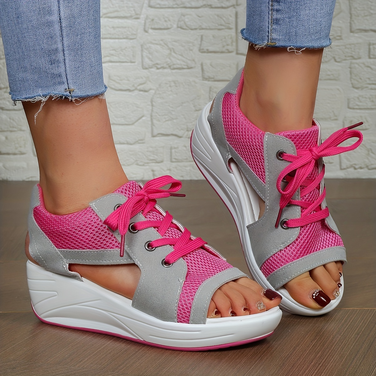 Women's Wedge Mesh Sandals Trendy Lace Peep Toe Cut Platform - Temu