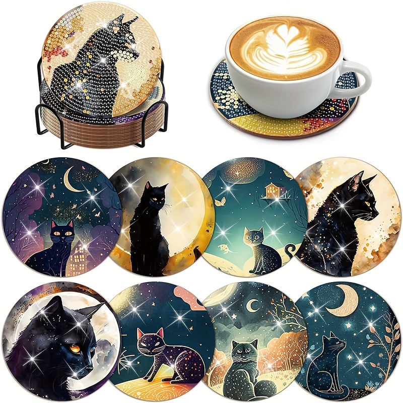 

8pcsdiy Handmade Diamond Art Paintings With Sparkling Diamonds, Perfect For Decorating The Living Room Or Bedroom. The Set Includes Moonlit Black Cat Coasters.