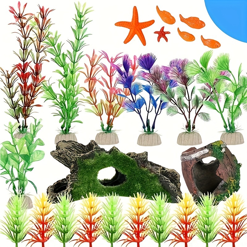 14 Pack Aquarium Aquatic Fish Tank Decorations Decor Set with Wood Cave,  Tree Trunk Barrel Hideouts, Artificial Plastic Plants and Starfish Resin