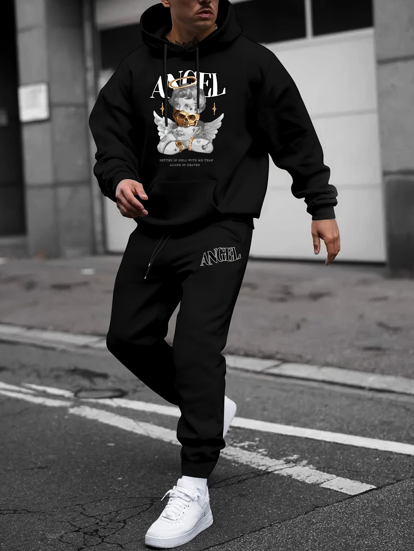 Plus Size Men's Angel Print Hooded Sweatshirt Sweatpants Set