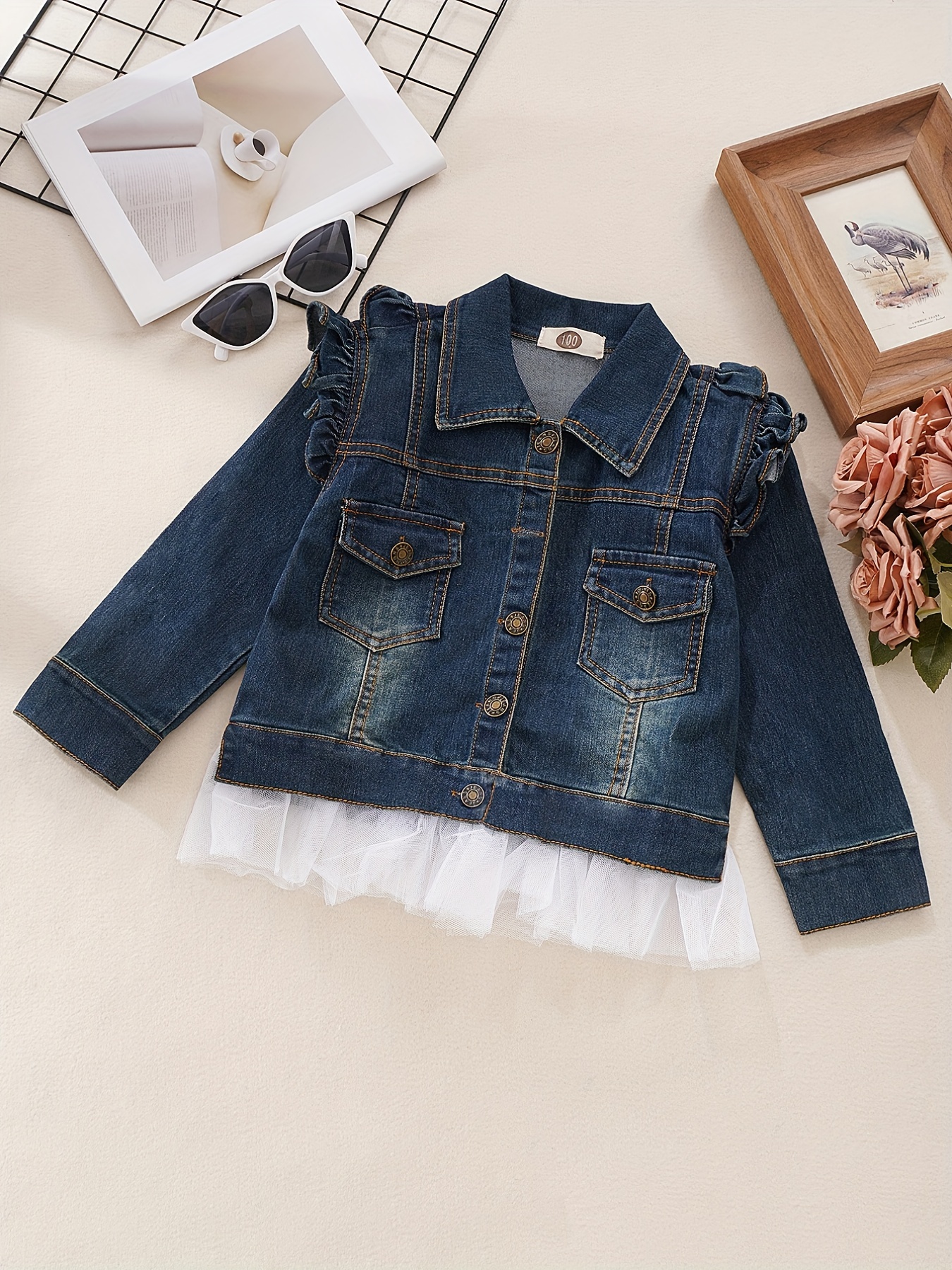 Girls Sweet Tulle Stitching Ruffle Trims Button Casual Denim