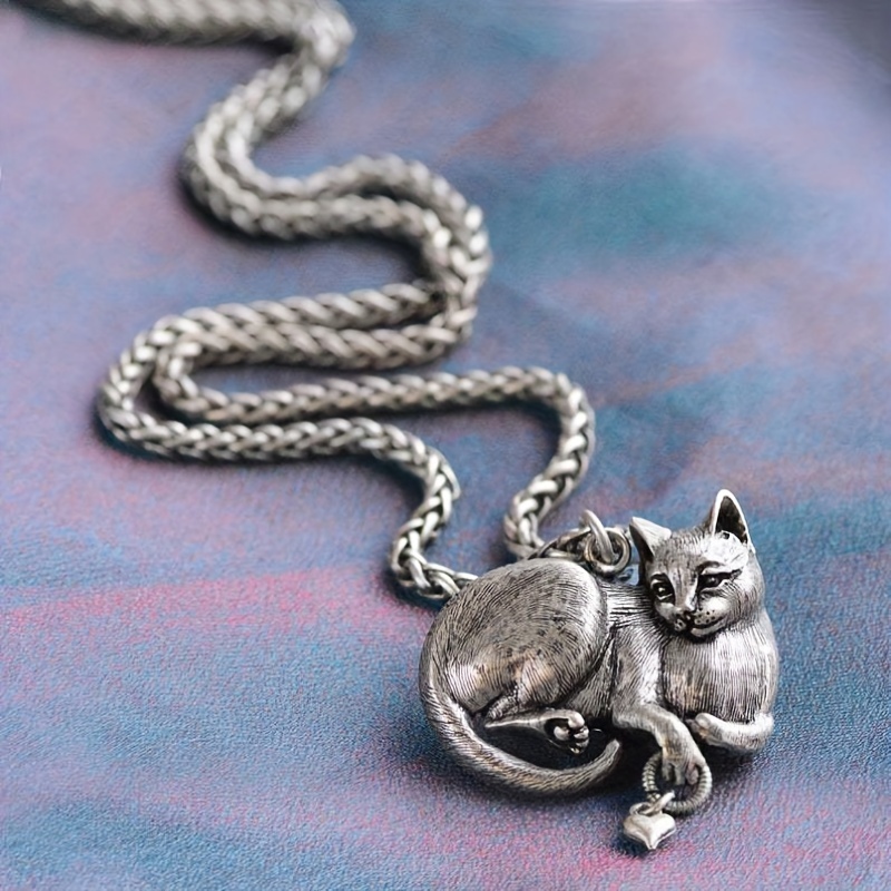 vintage animal cat pendant necklace silver plated neck jewelry for women 2