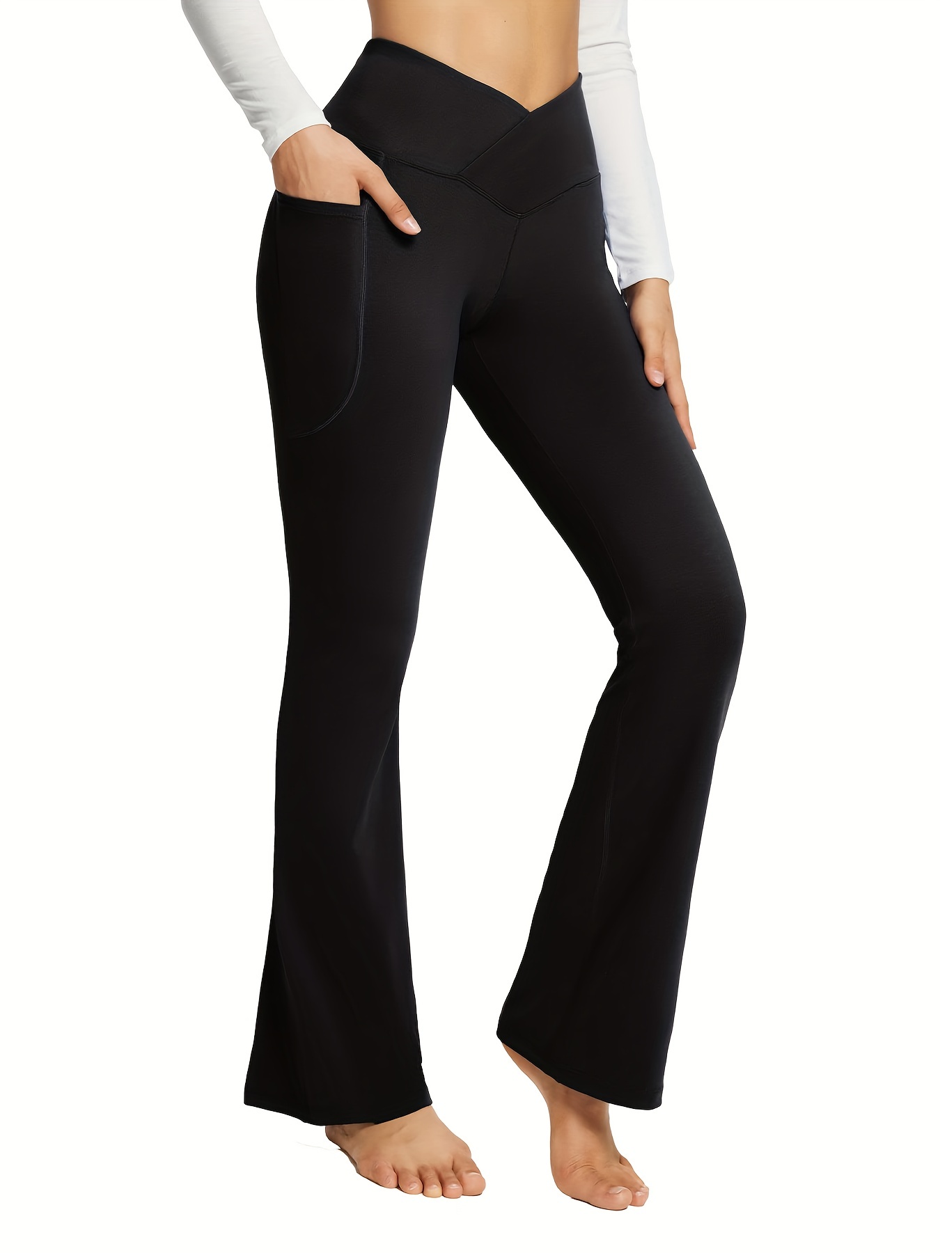 Women's Black Flare Yoga Pants, Crossover High Waisted Casual