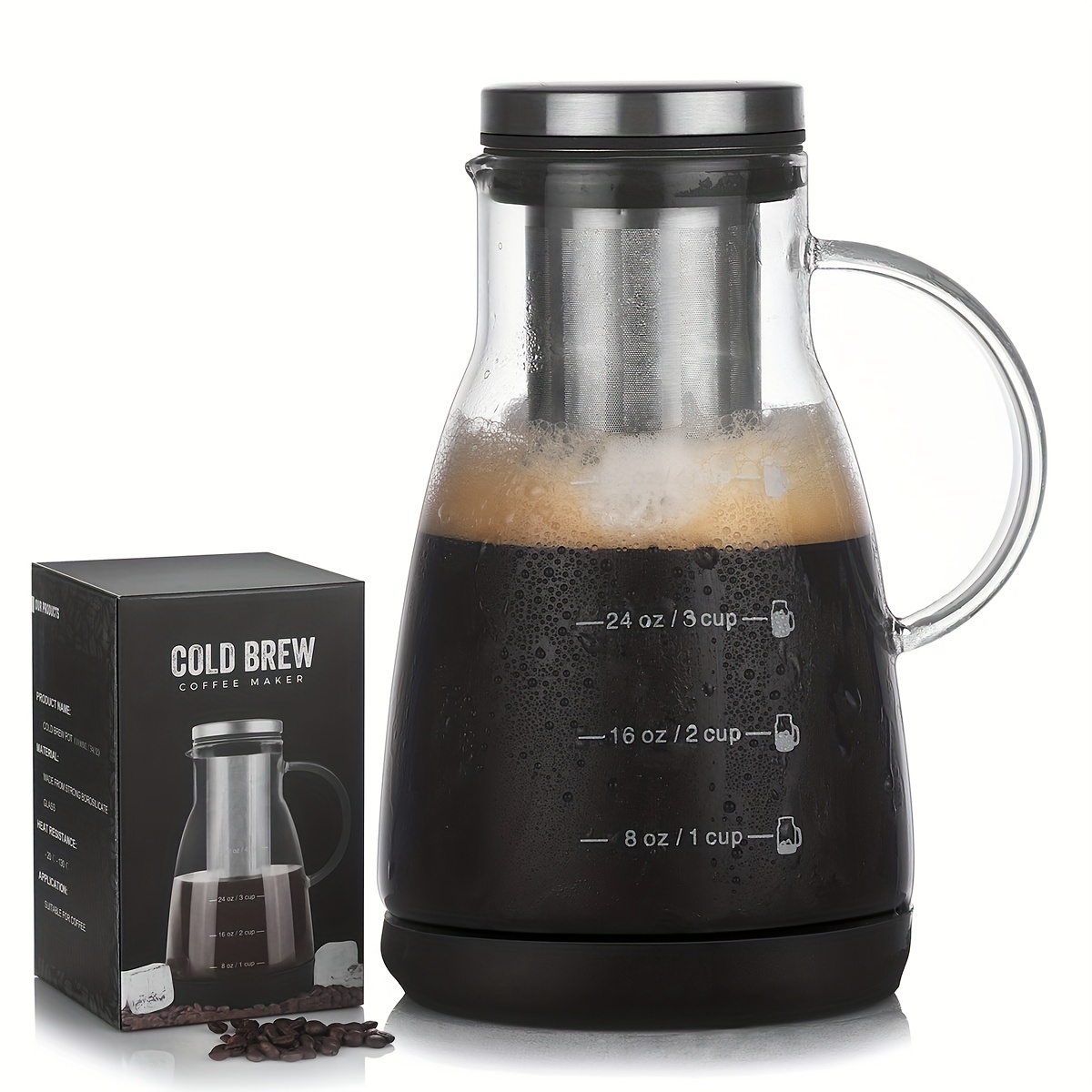 24oz Classic Glass Cold Brew Coffee Pitcher, Manual Pour-over Maker