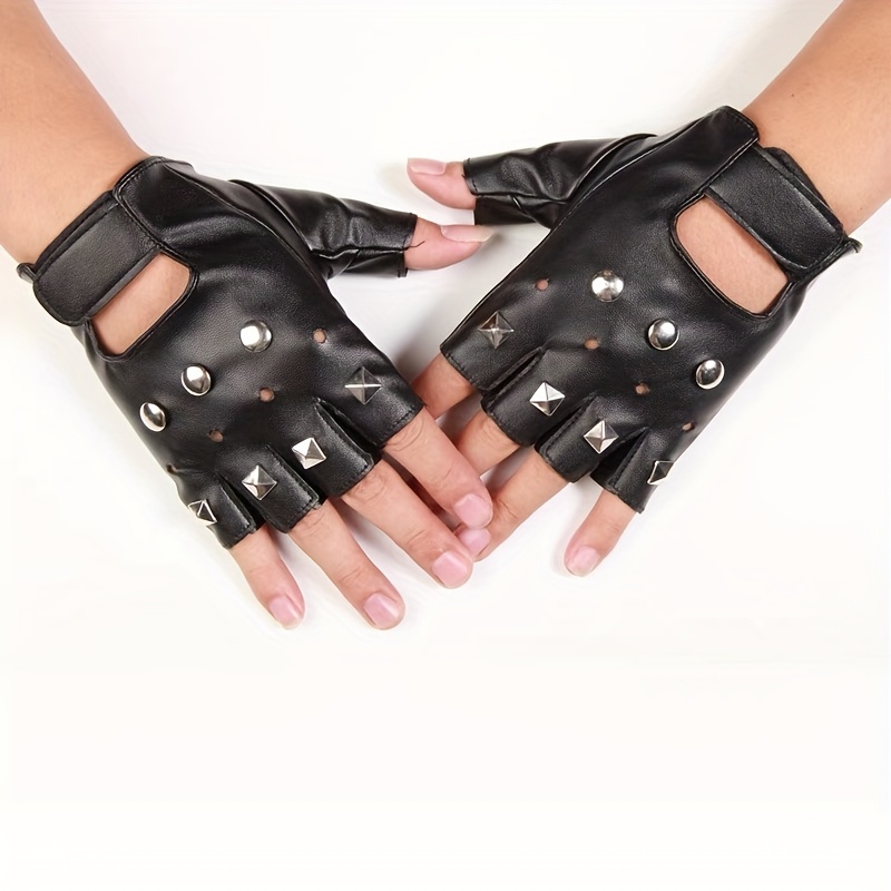 Jisen Hombres Pu Cuero Punk Medio Dedo Hollow Out Guantes Pl