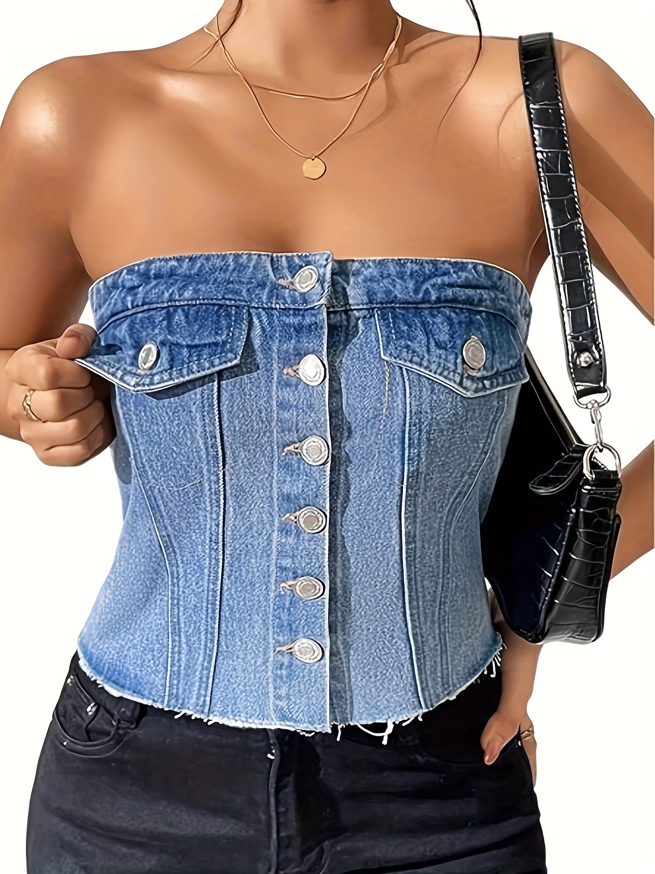 Denim Corset Top Women Y2K Sequin Star Print Fringe Jean Vest Tops  Strapless Shoulder Off Crop Halter, Blue, Small : : Clothing,  Shoes & Accessories