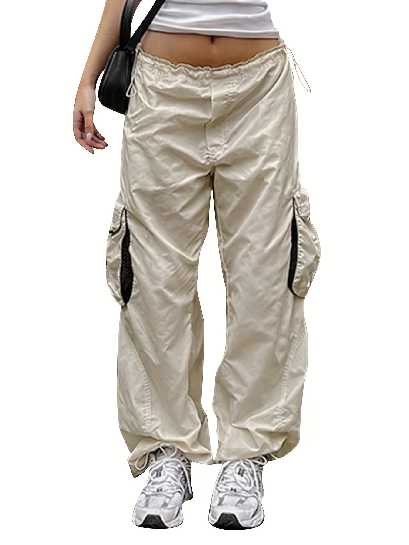 Plain Elastic Waist Cargo Pants, Loose Fit Drawstring Casual Parachute  Pants, Women's Denim Jeans & Clothing