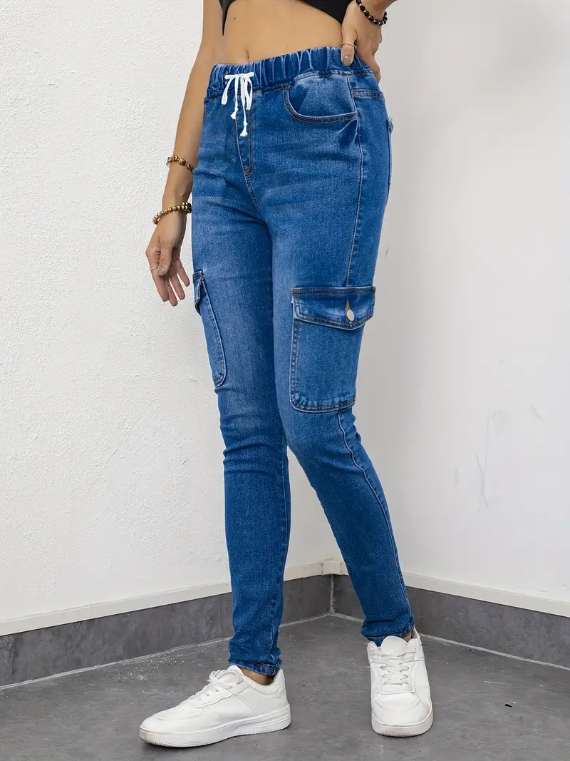 Blue Elastic Waist Skinny Jeans, Slim Fit High-Stretch Flap Pockets Cargo  Denim Pants, Y2K & Kpop Style, Women's Denim Jeans & Clothing