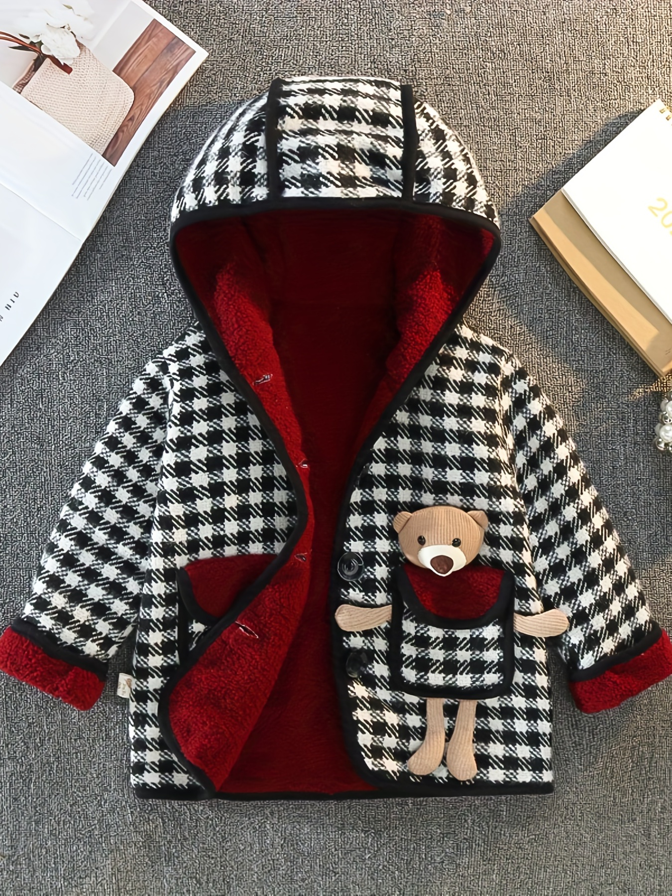 Girl's Fleece Plaid Thick Hooded Coat Winter Kids Clothing - Temu