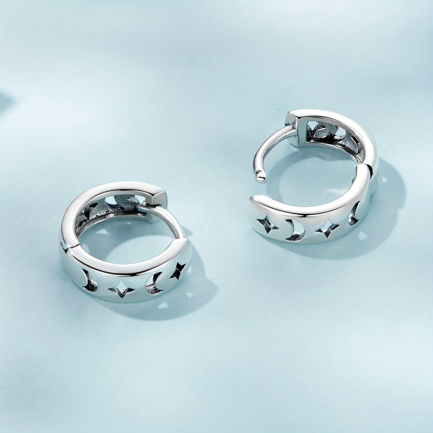 925 Silver Hollow Star Moon Pattern Earrings Daily Casual