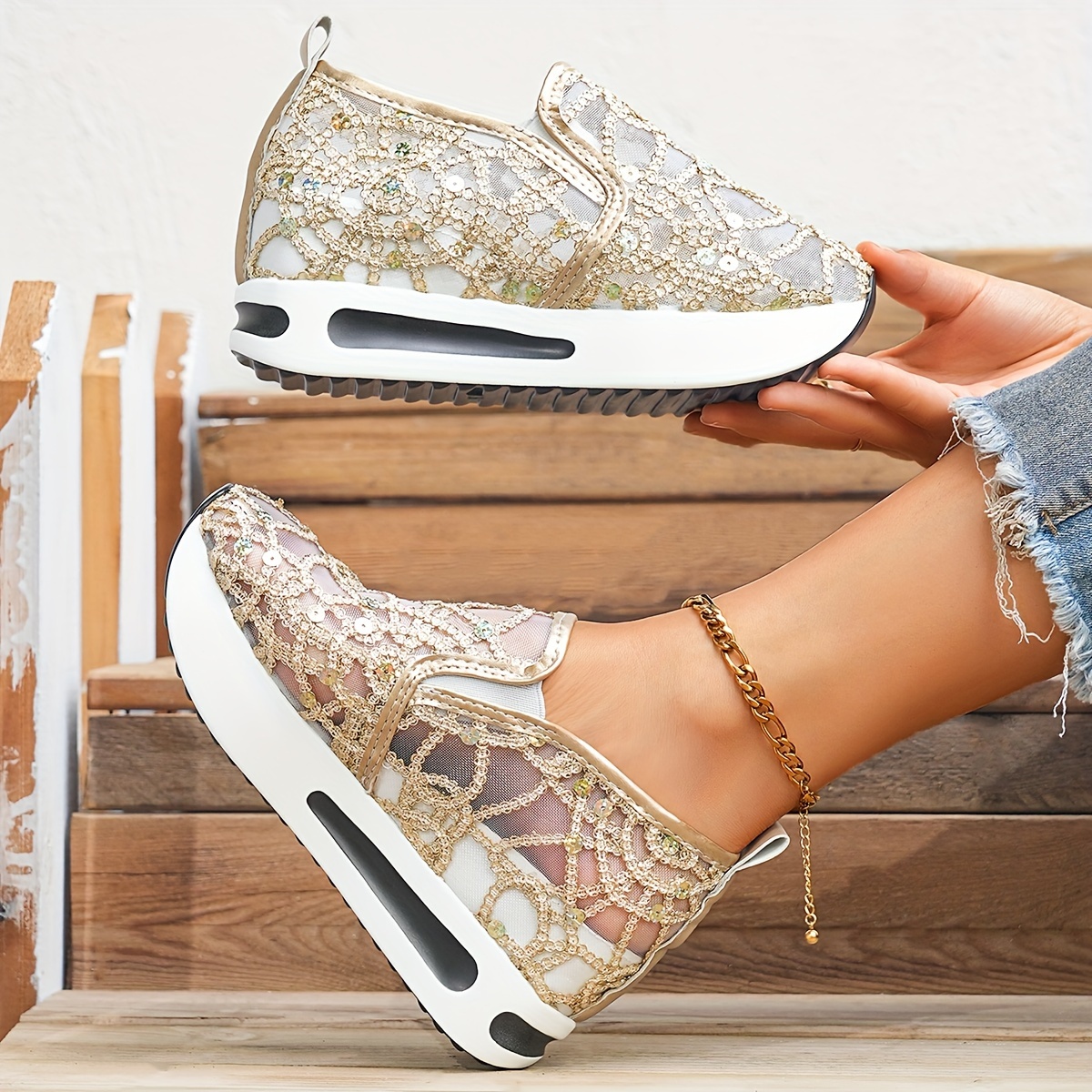 Sequins Sneakers, Women's Glitter Decor Breathable Mesh Comfortable Sneakers,Women Shoes Sneakers,Temu