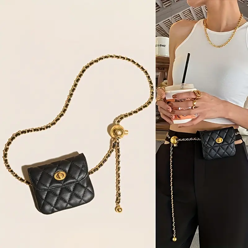 Mini Quilted Metal Chain Crossbody Handbag, Pu Leather Waist Bag Purse,  Classic Versatile Fashion Shoulder Bag - Temu