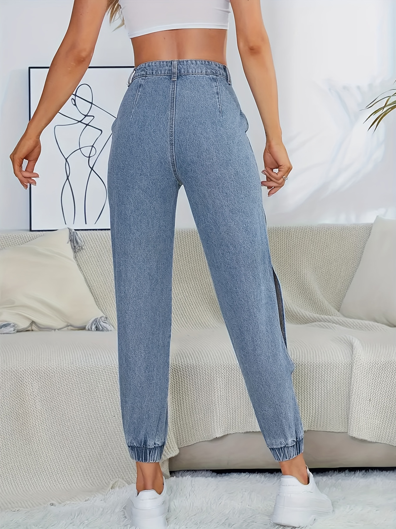 Slant Pockets Split Jogger Pants, Non-Stretch Niche Denim Pants, Women's  Denim Jeans & Clothing