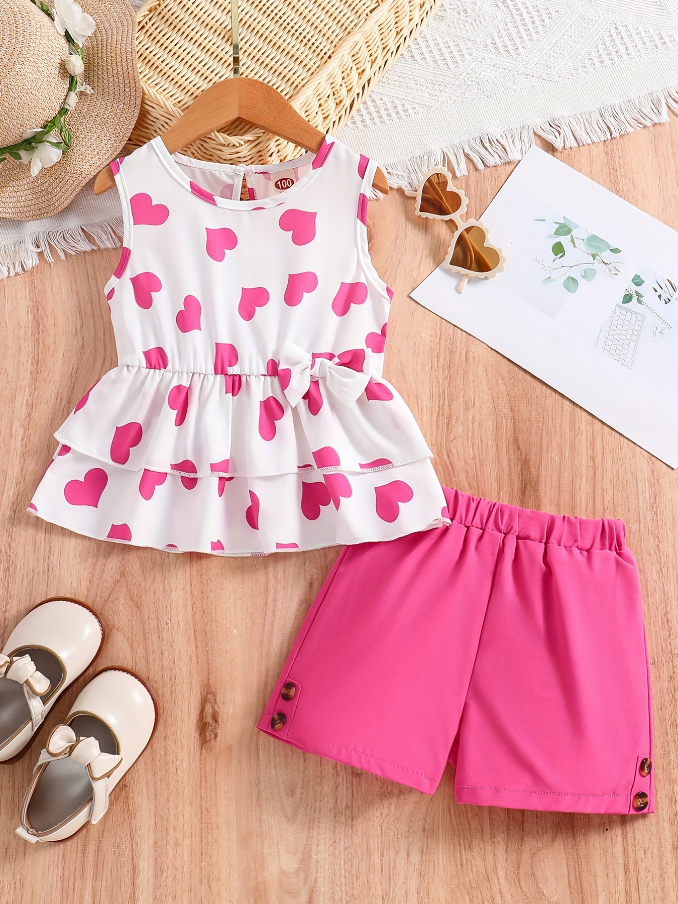 2-piece Kid Girl Flounce Sleeveless Peplum White Tee and Bowknot Design Pink Shorts Set