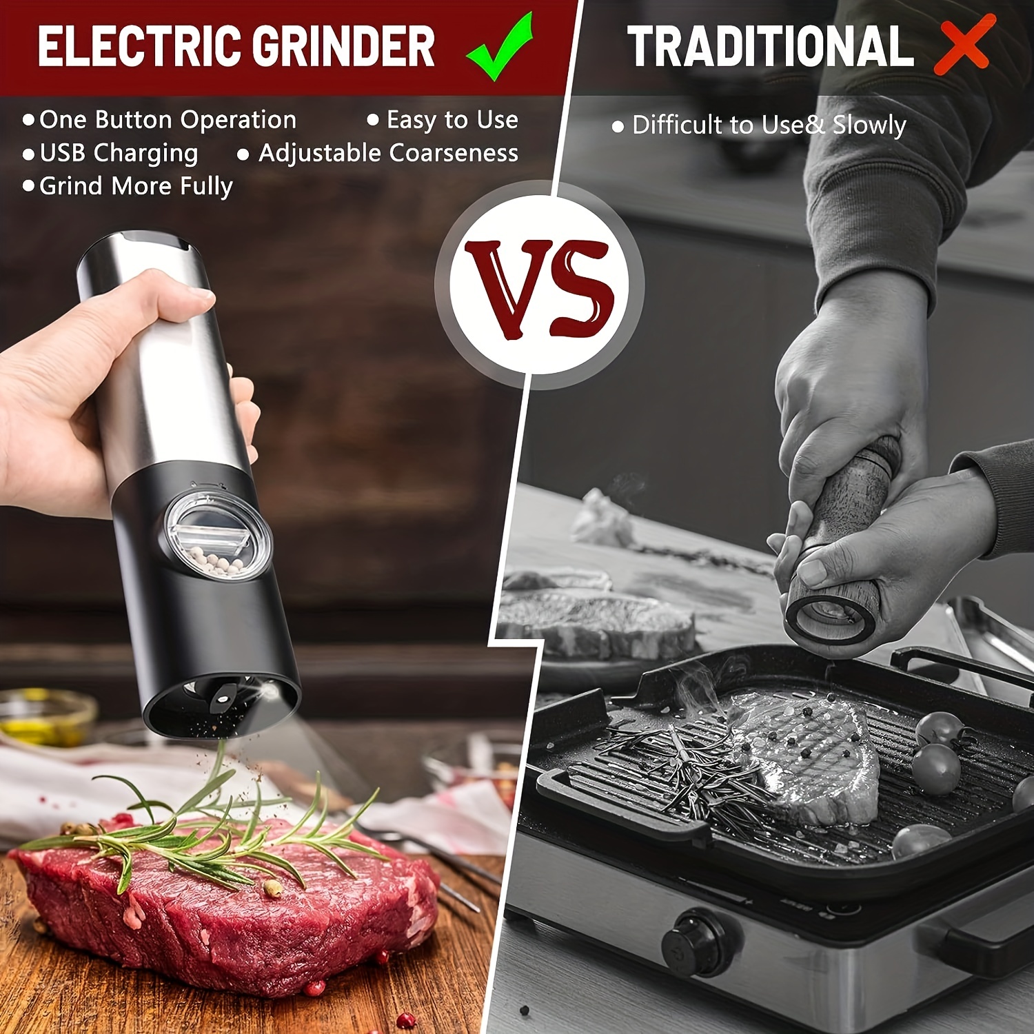 automatic grinder set for grilled meat pepper and salt adjustable single hand operation usb charging two piece gift set details 5