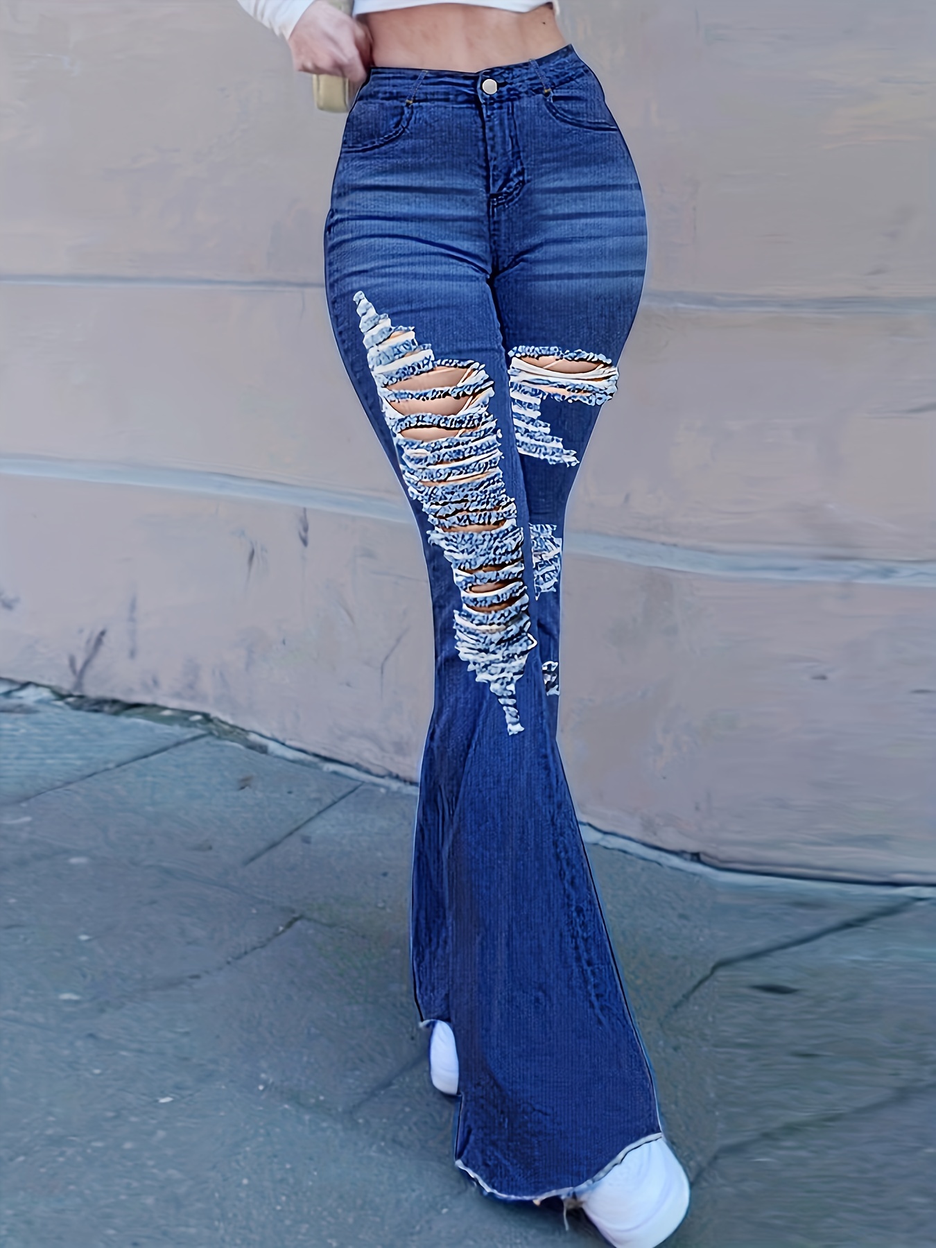 Womens Ripped Denim Jeans Slight Flared Pants Bottoms Trousers Distressed