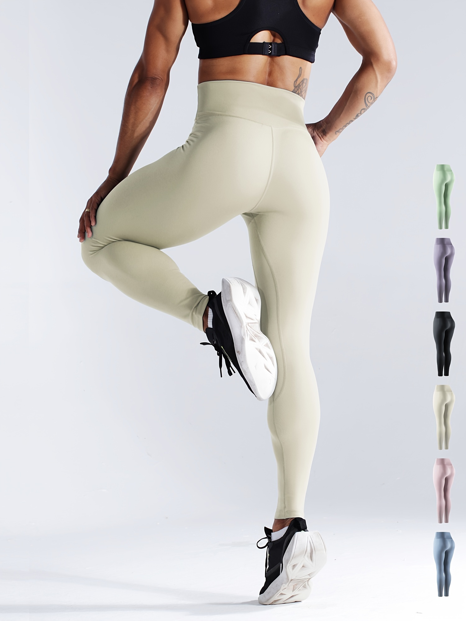 Beige Full-Length Sports Leggings Composition- Polyamide 74% Spandex/Elastane  26% Women Western Wear Tights Clothing Track Pants Regular Fit Mid Rise  Activewear