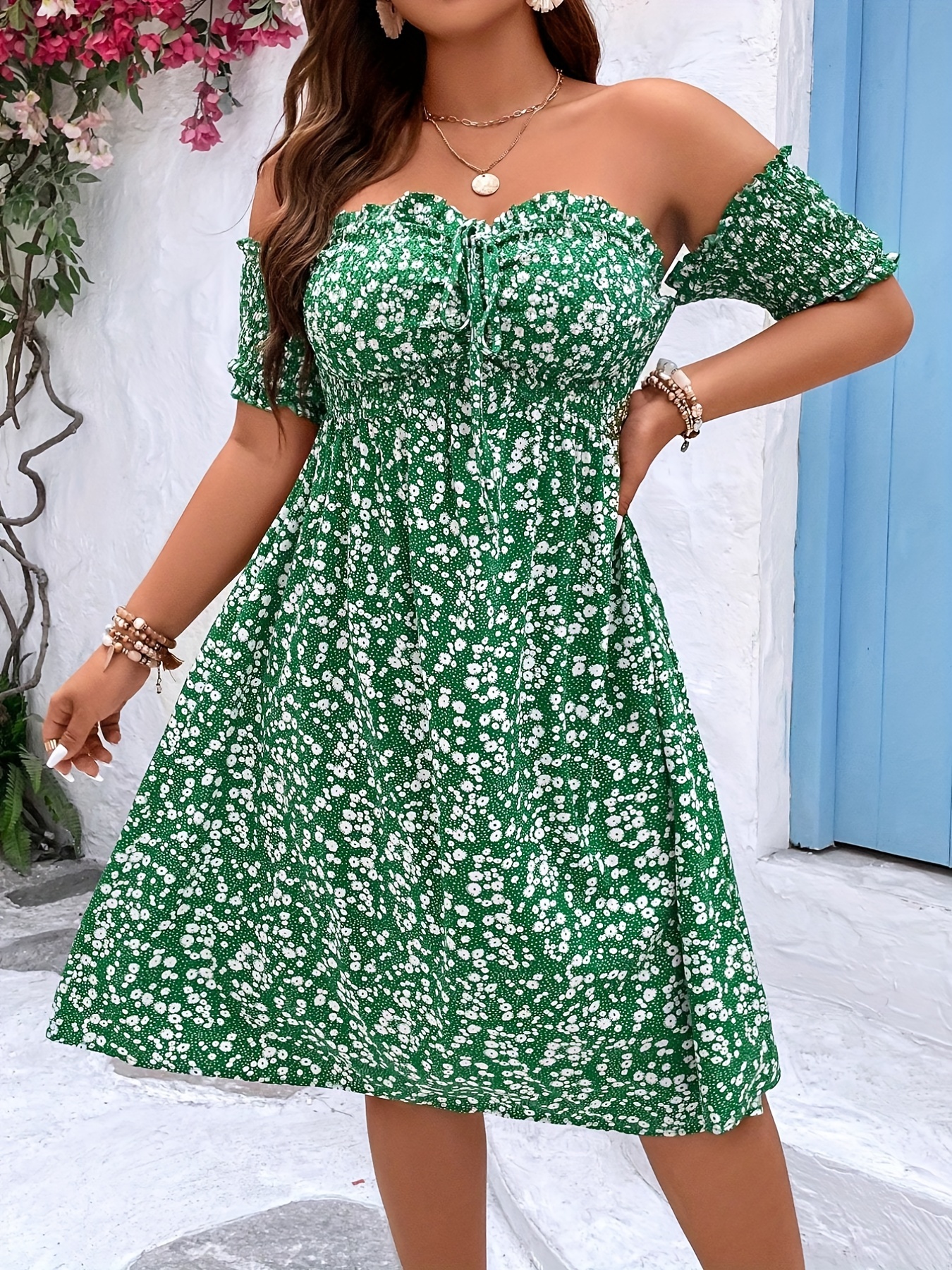 Plus Size Boho Dress, Women's Plus Border Floral Print Off Shoulder Ruffle  Trim Maxi Summer Dress