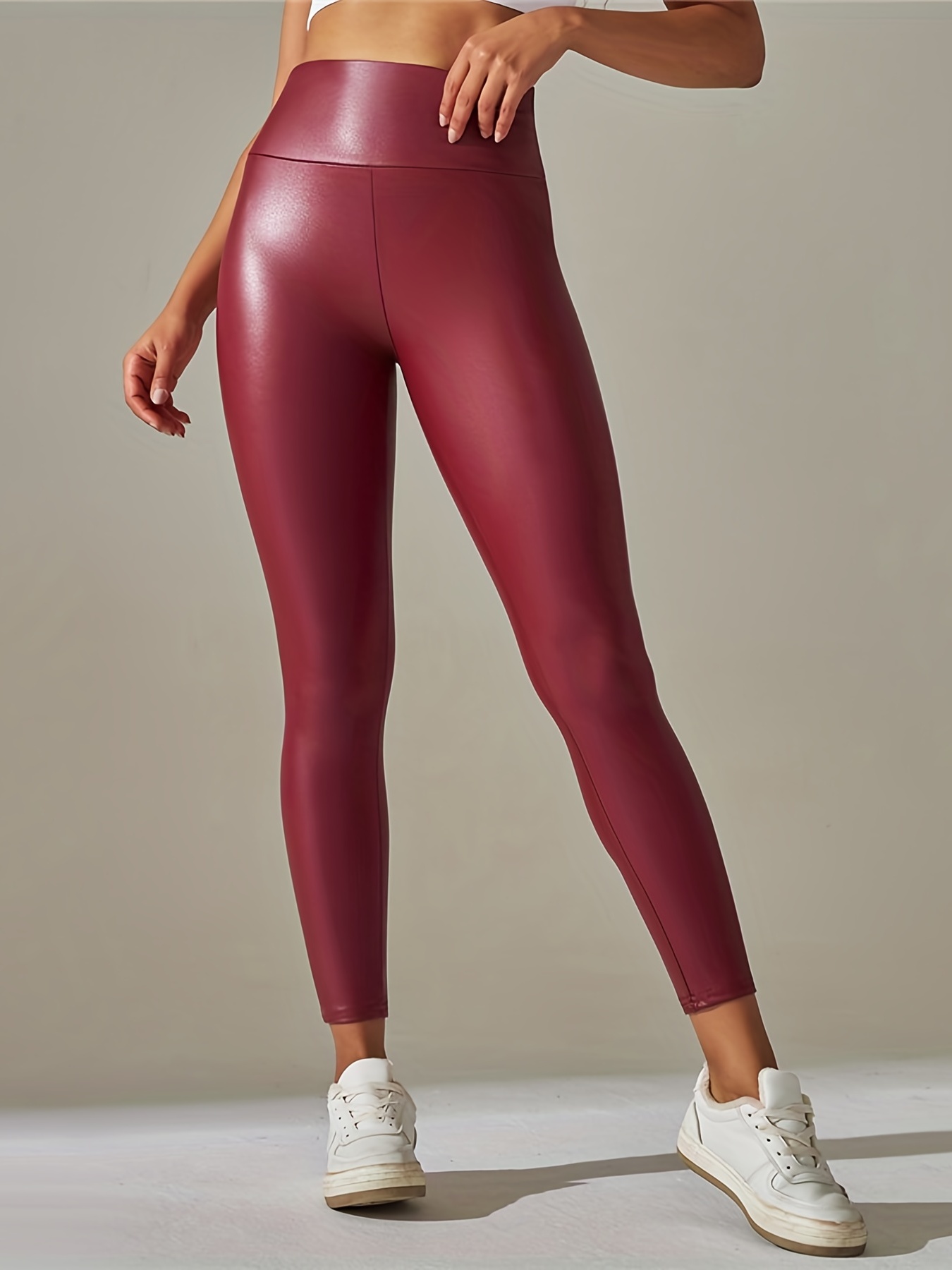 Crazy4bling Cover Girl Burgundy Wine Shiny Leather Look Yoga Workout  Leggings, X-Small
